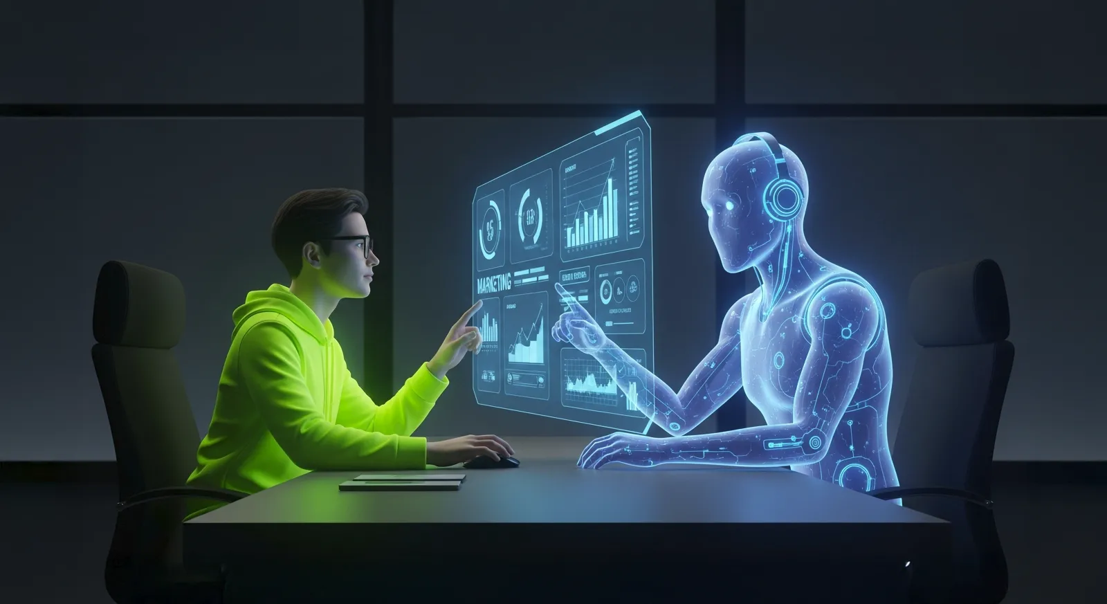 A marketer and an AI co-pilot working together, symbolizing the AI marketing playbook for 2026.