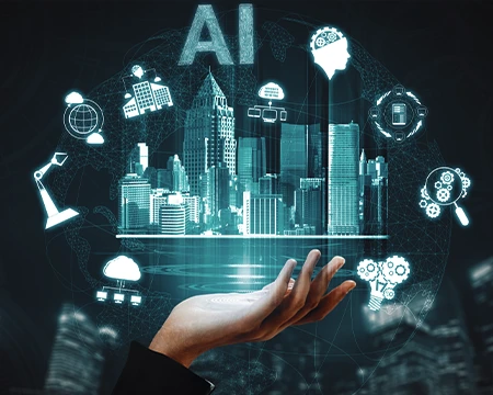 Dubai real estate skyline with an AI search interface overlay