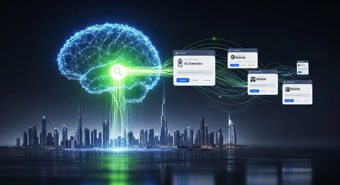 A glowing AI neural network overlayed on a futuristic Dubai skyline, symbolizing AI SEO in the UAE.