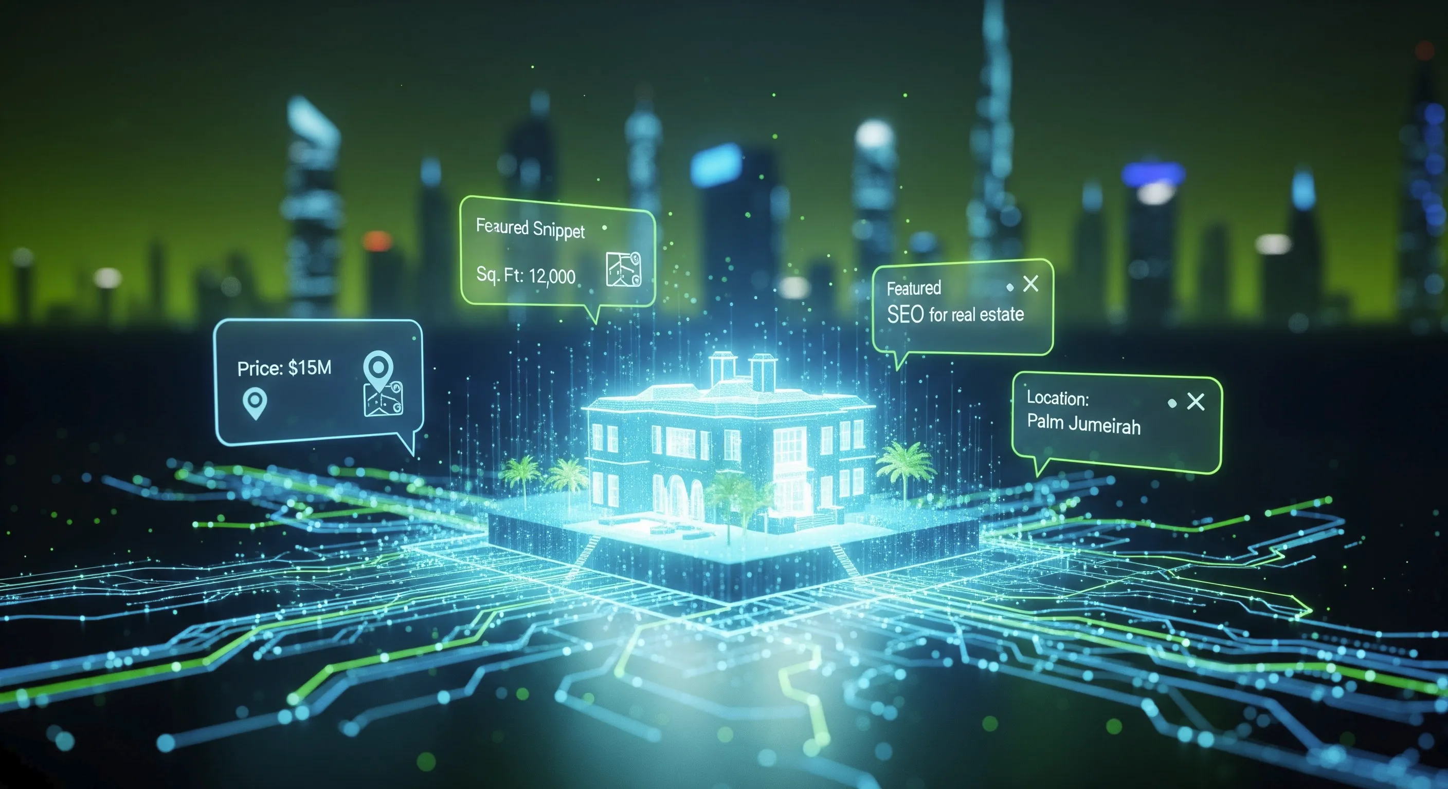 A holographic luxury villa being featured in an AI search result, representing AI SEO for Dubai real estate.