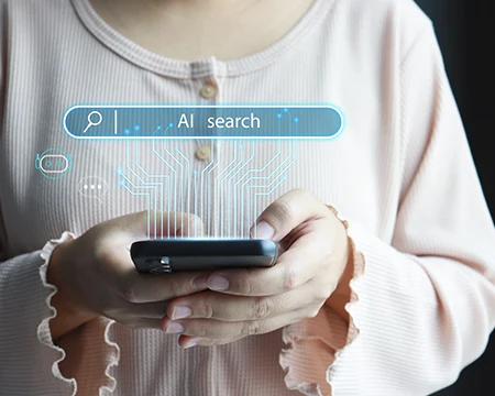 Dubai Women with AI search interface overlay