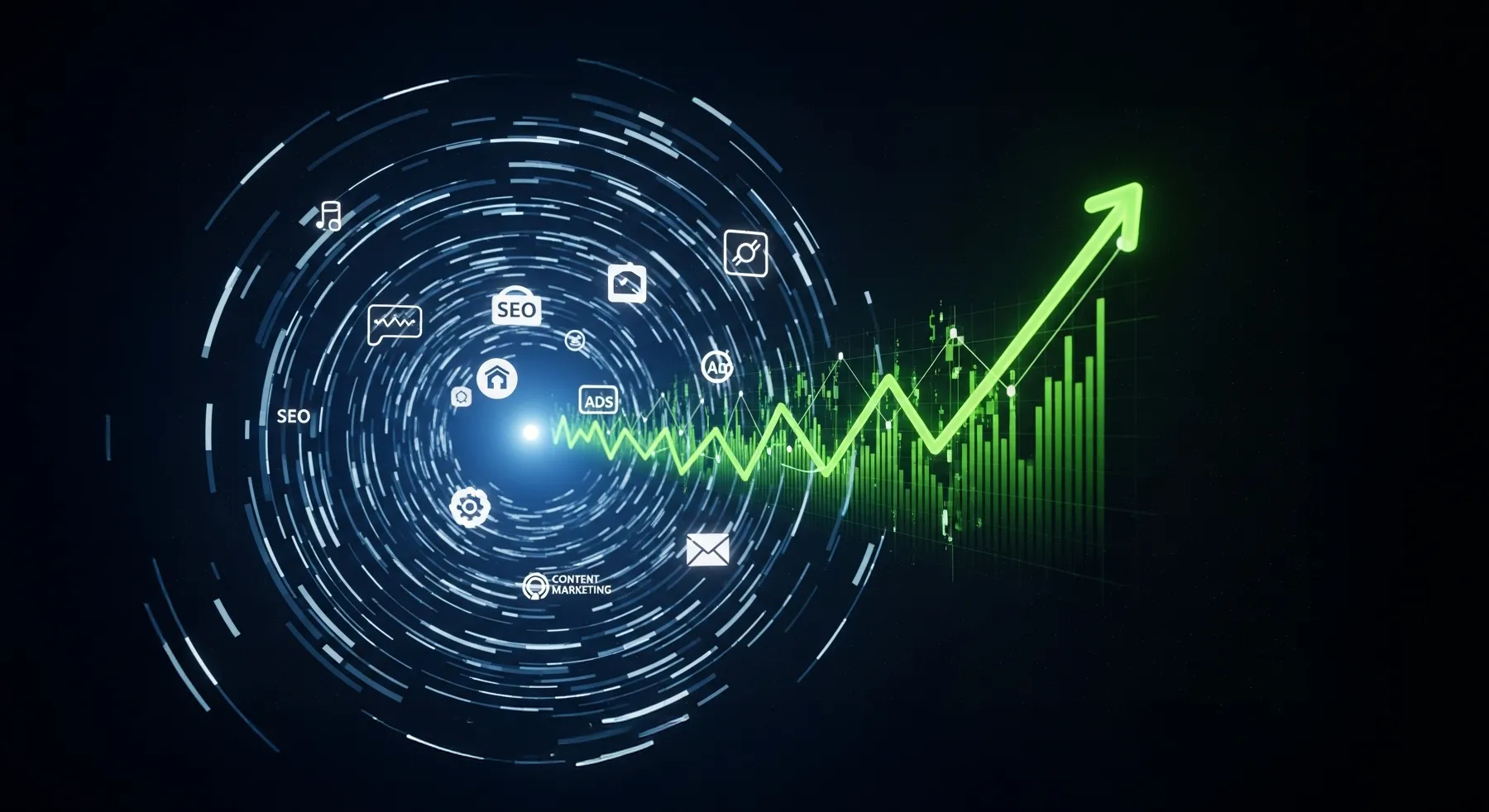 A rising graph with icons for SEO, content, and paid ads, symbolizing business growth through digital marketing.