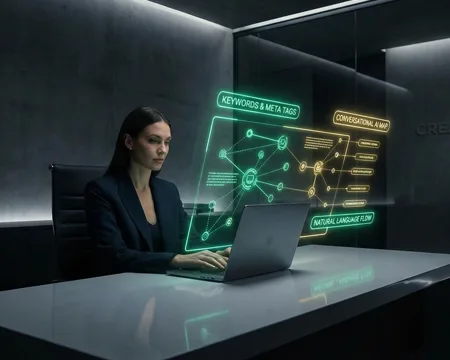 A professional content strategist at a sleek workstation with futuristic neon green and gold holographic overlays showing the shift from keywords to natural language for Generative Engine Optimization.