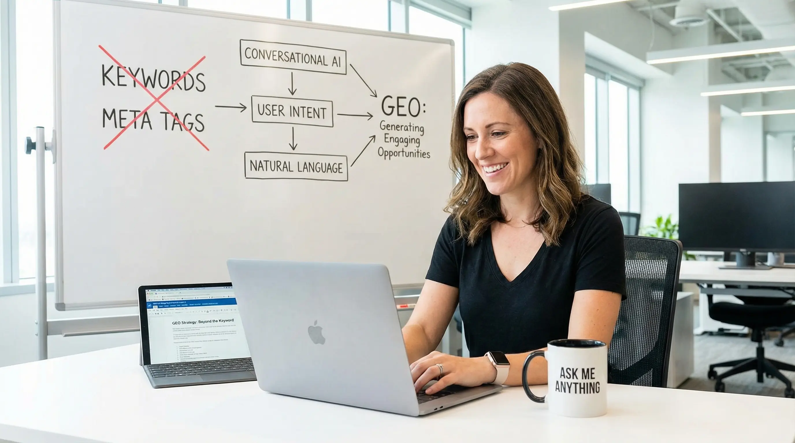 A content strategist at a laptop, symbolizing the shift from keywords to conversational content for GEO.
