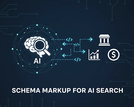 Illustration of code and labels representing Schema Markup for AI Search