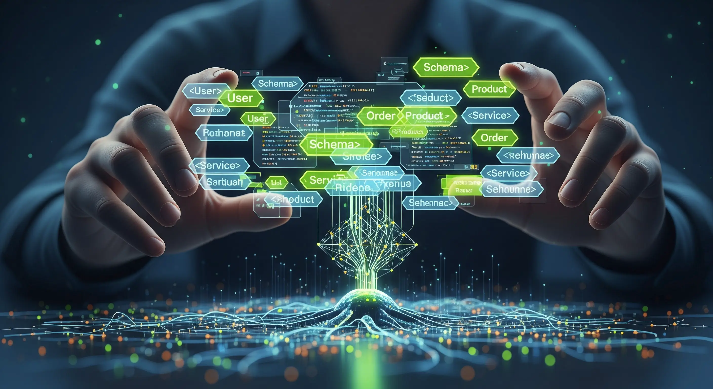 A beam of light organizing text into structured data blocks, representing schema markup for AI search.