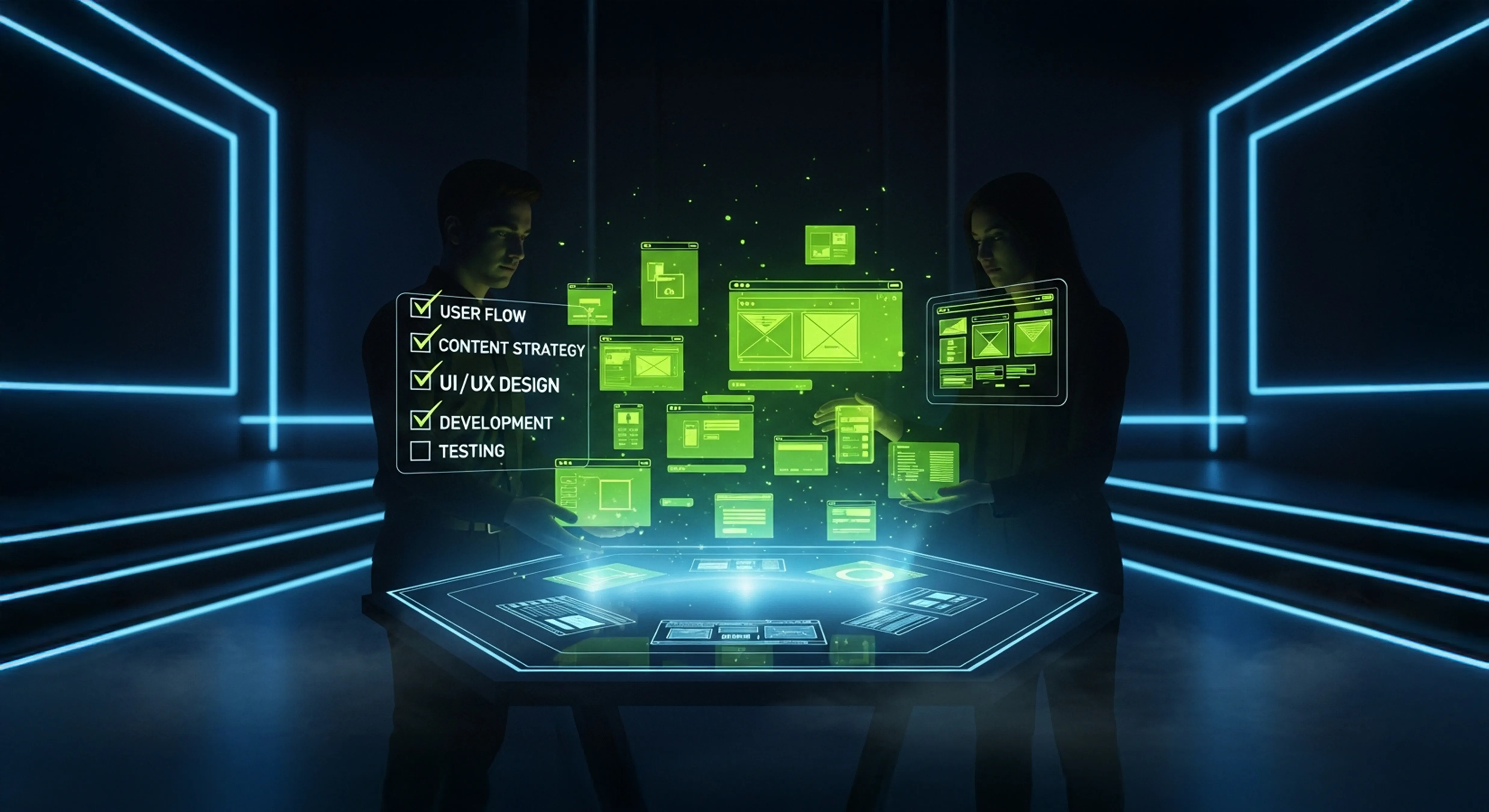 A digital checklist showing the process of a website redesign from old to new.