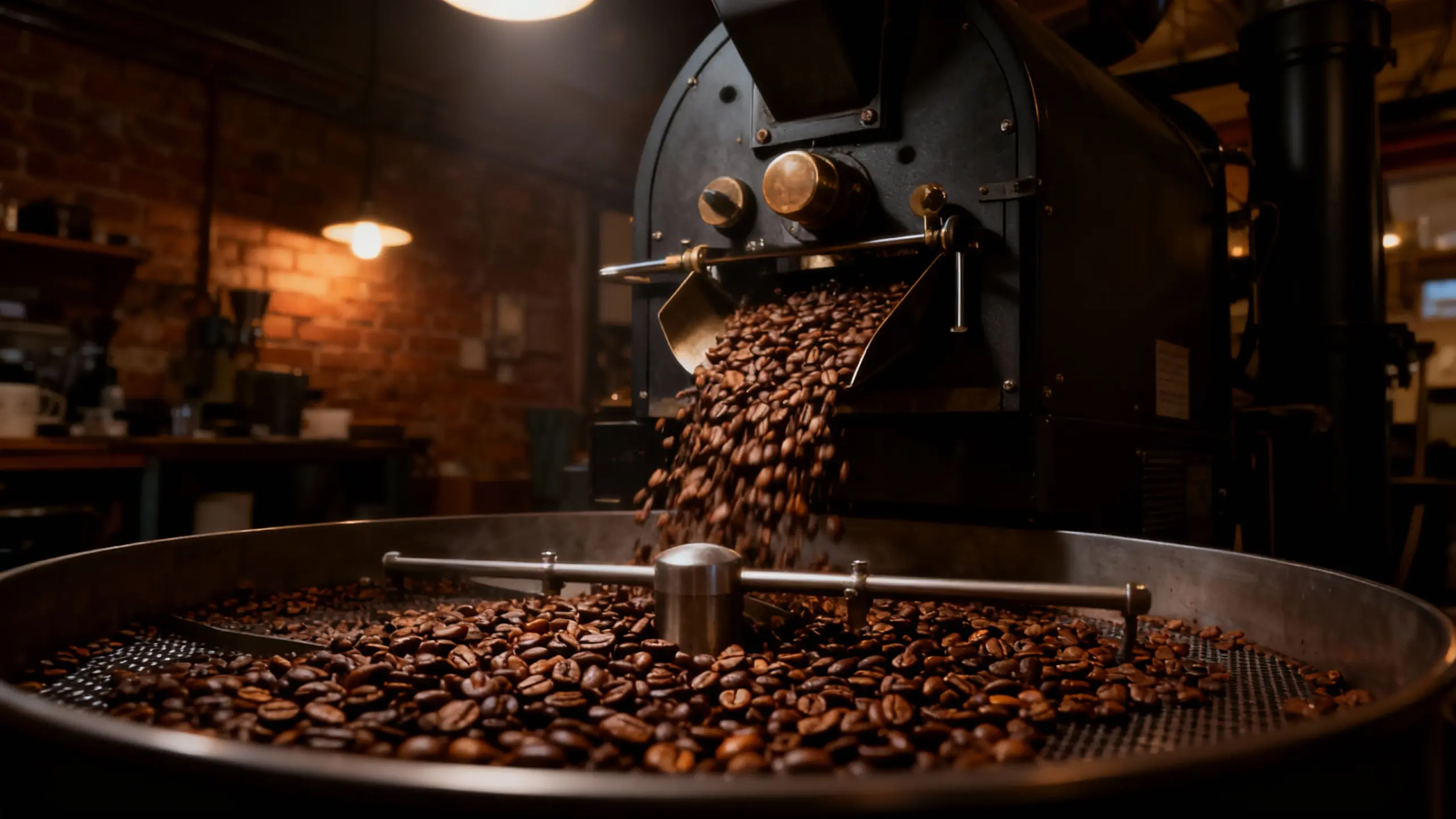 A cascade of fresh, dark-roasted coffee beans tumbling in a large, professional coffee roasting machine with warm interior lighting.