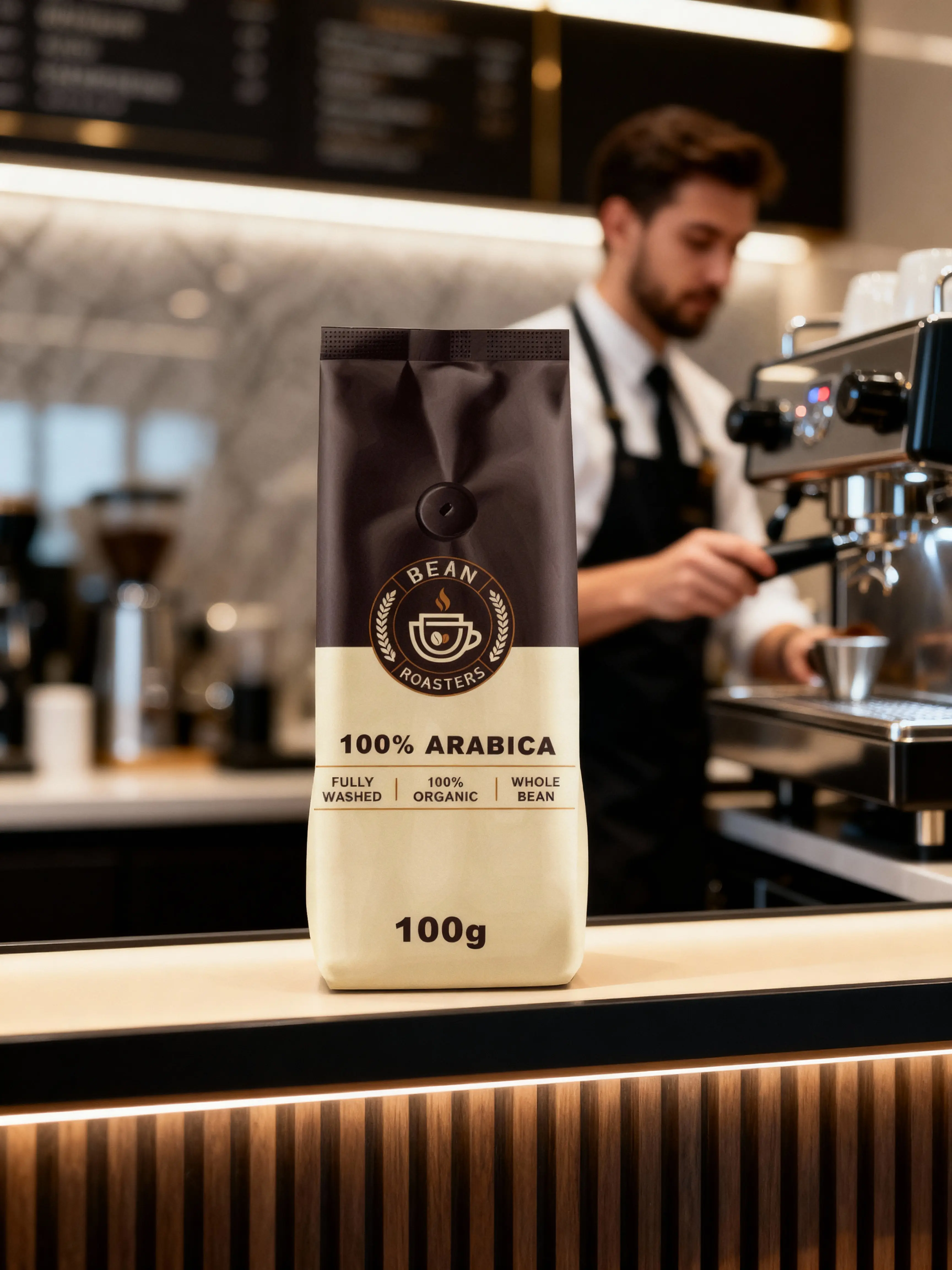 Brand identity for Bean Roasters coffee, showcased on a product mockup in an upscale cafe to demonstrate its premium market appeal.