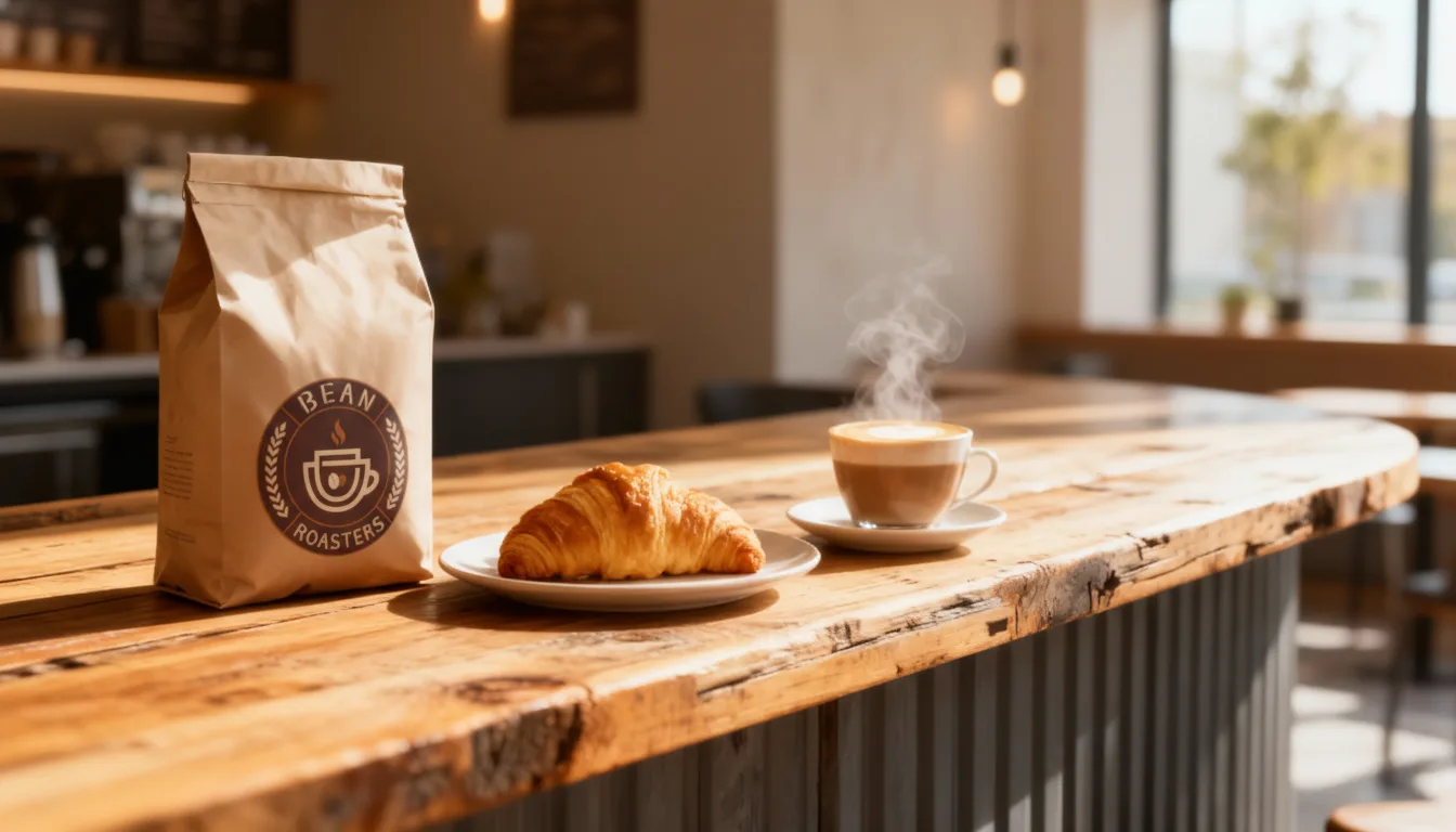 A peaceful cafe scene showing a bag of Bean Roasters coffee and a fresh croissant on a large wooden table next to a steaming cappuccino.