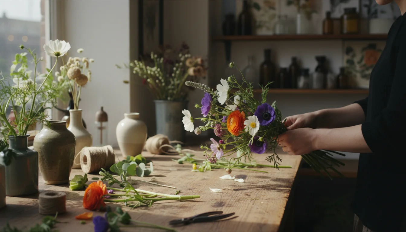 A close-up of a florist's hands artfully arranging a unique bouquet on a rustic wooden workbench.