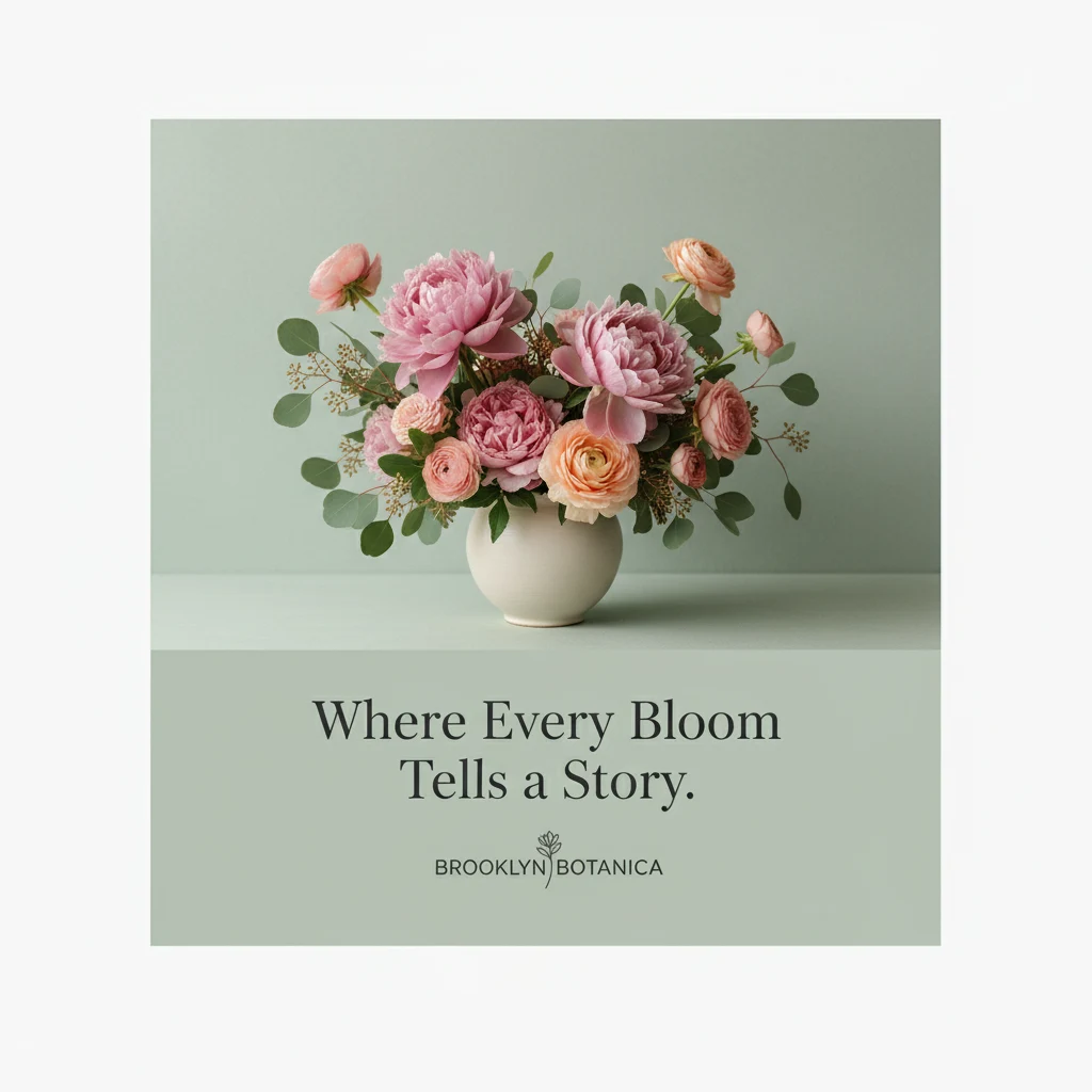 A mockup of a chic Instagram post for Brooklyn Botanica with the quote 'Where Every Bloom Tells a Story.'
