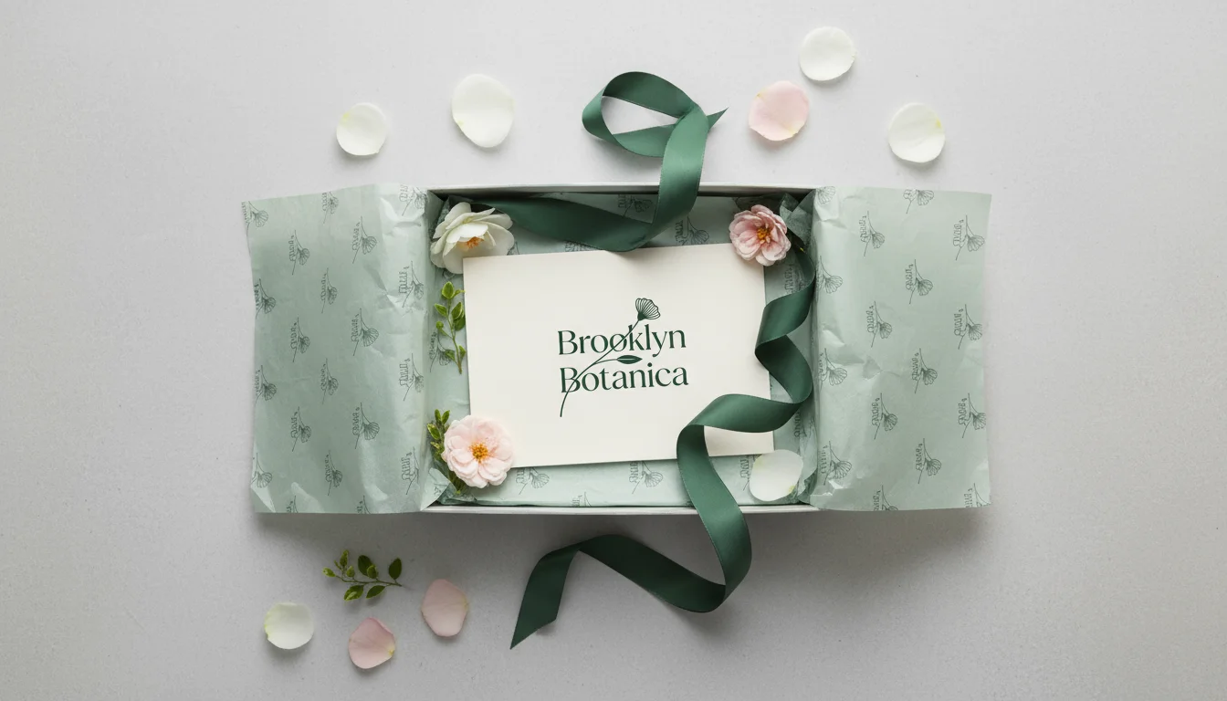 A luxurious gift box from Brooklyn Botanica, showing branded tissue paper, a custom thank you card, and a silk ribbon.