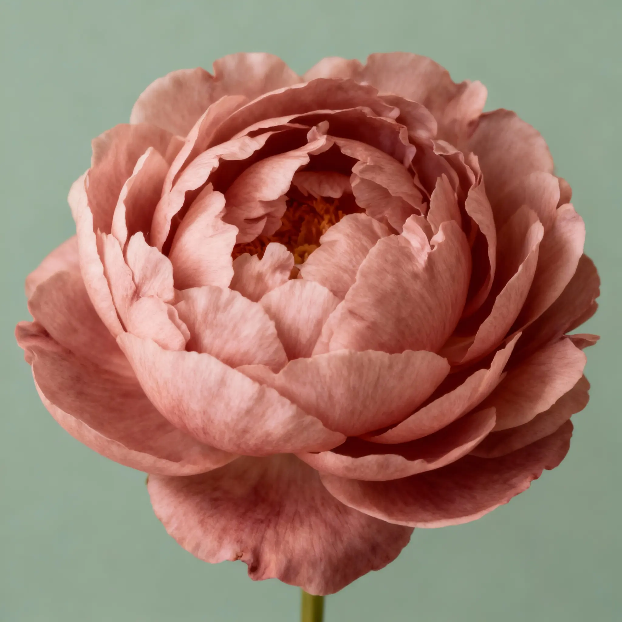 A minimalist macro photograph of a single, perfect dusty rose peony flower against a soft green background.