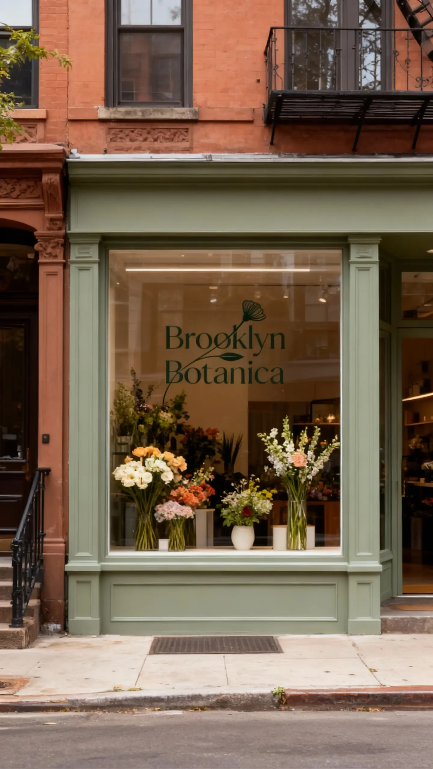 The chic, sage-green storefront of the Brooklyn Botanica flower shop on a charming city street.