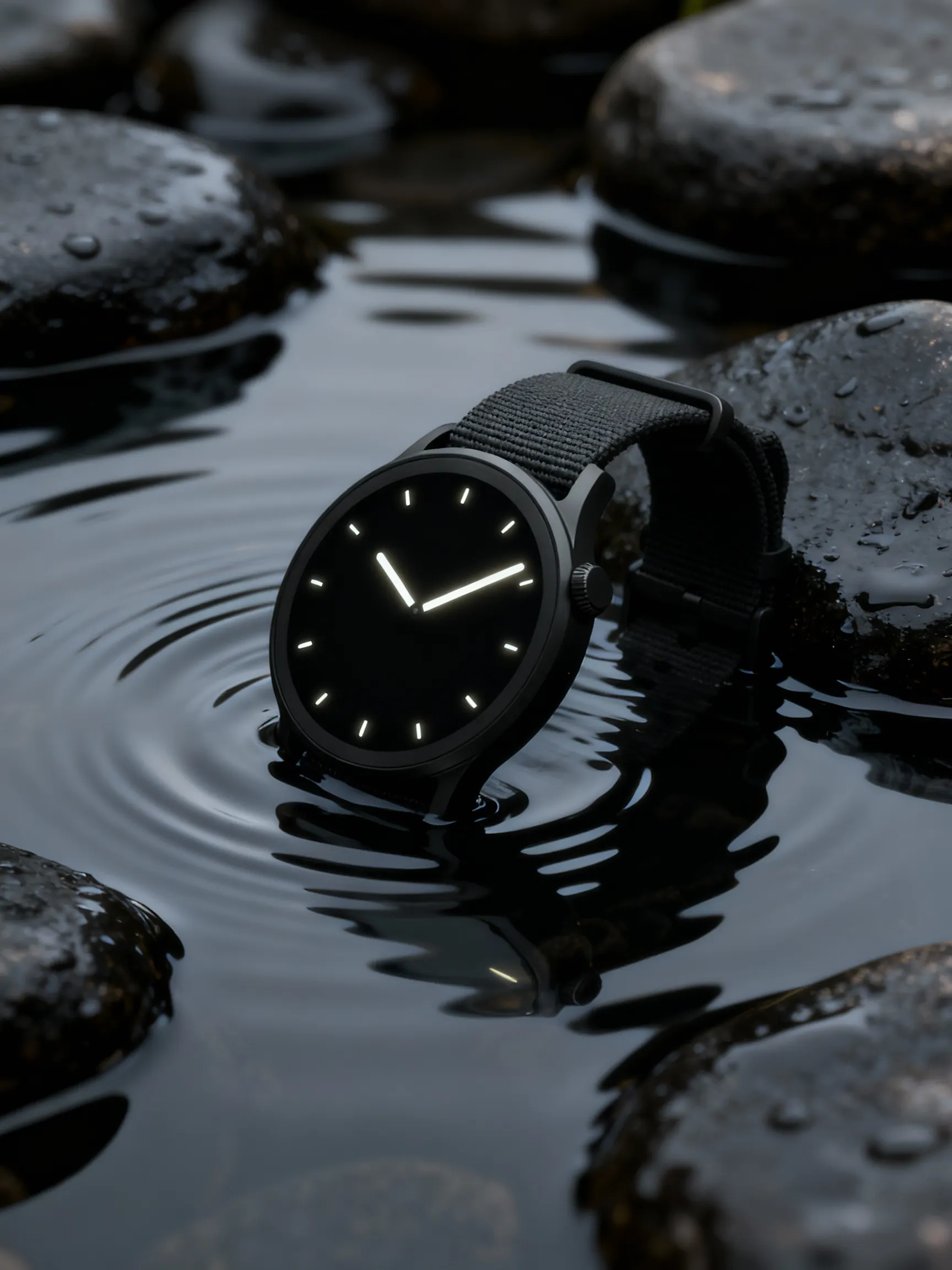 A photorealistic 3D render of a sleek black smartwatch half-submerged in dark water, showcasing a product visualization project.