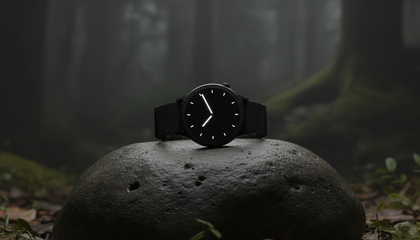 Hero image for the Evolve Smartwatch case study, showing the black watch resting on a rock in a dark, foggy forest to highlight its connection to nature and minimalist design.