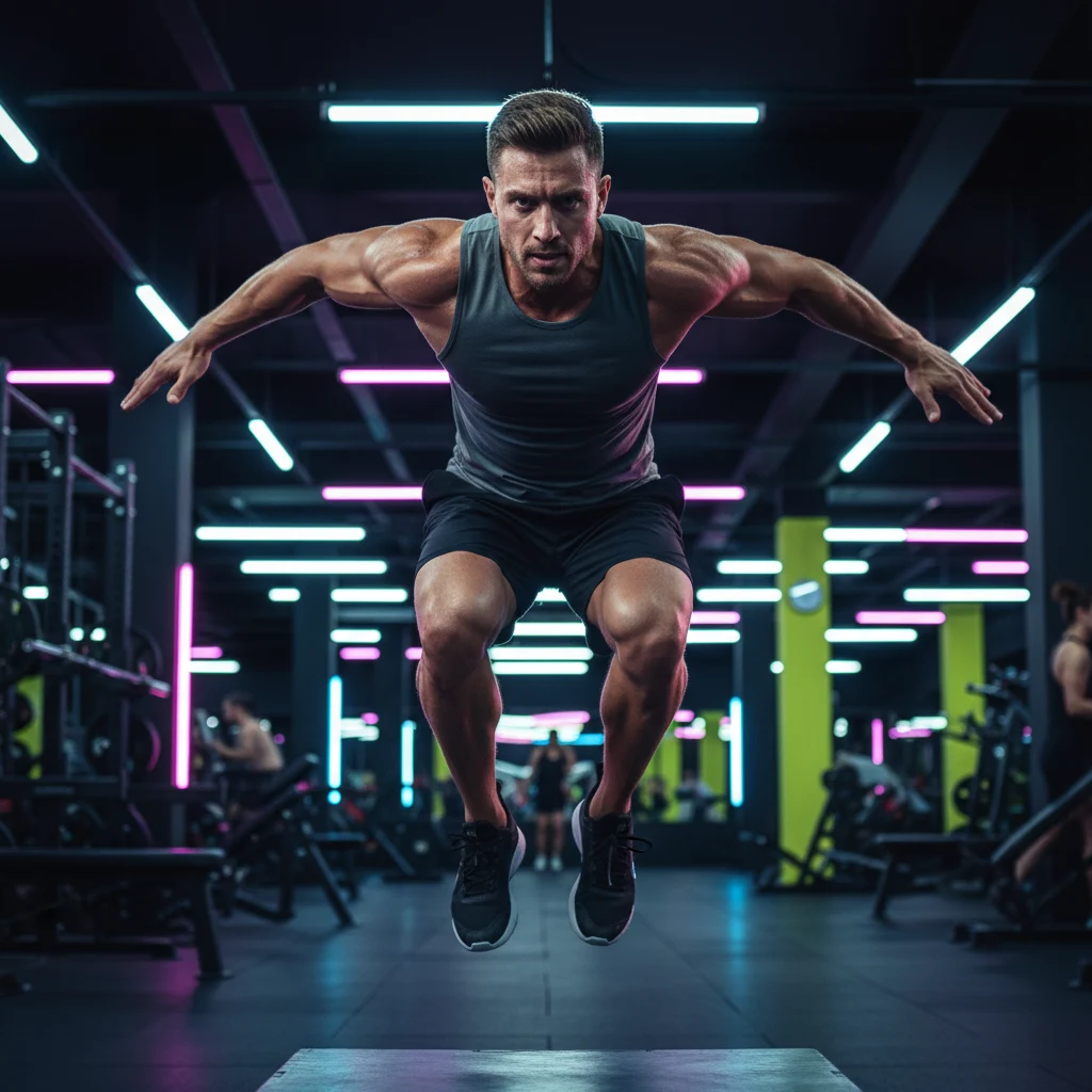 A dynamic shot of a fitness trainer mid-jump, representing the viral social media campaign for FitFusion Gym.