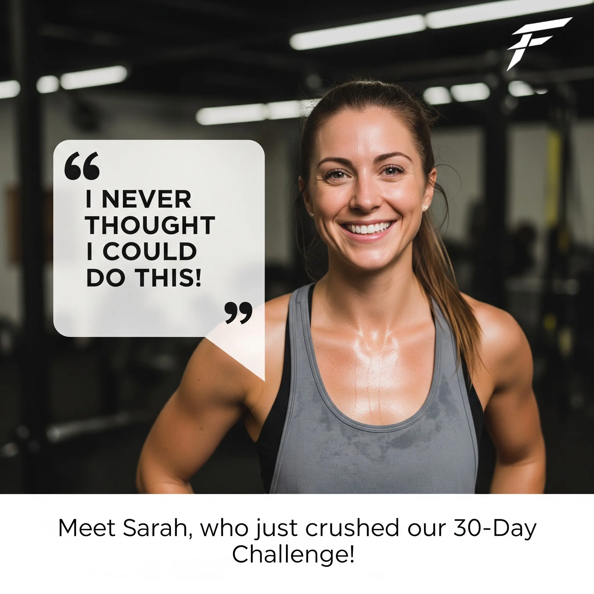 An inspirational Instagram post for FitFusion's 'Member Spotlight' featuring a smiling member and the quote 'I never thought I could do this!'.