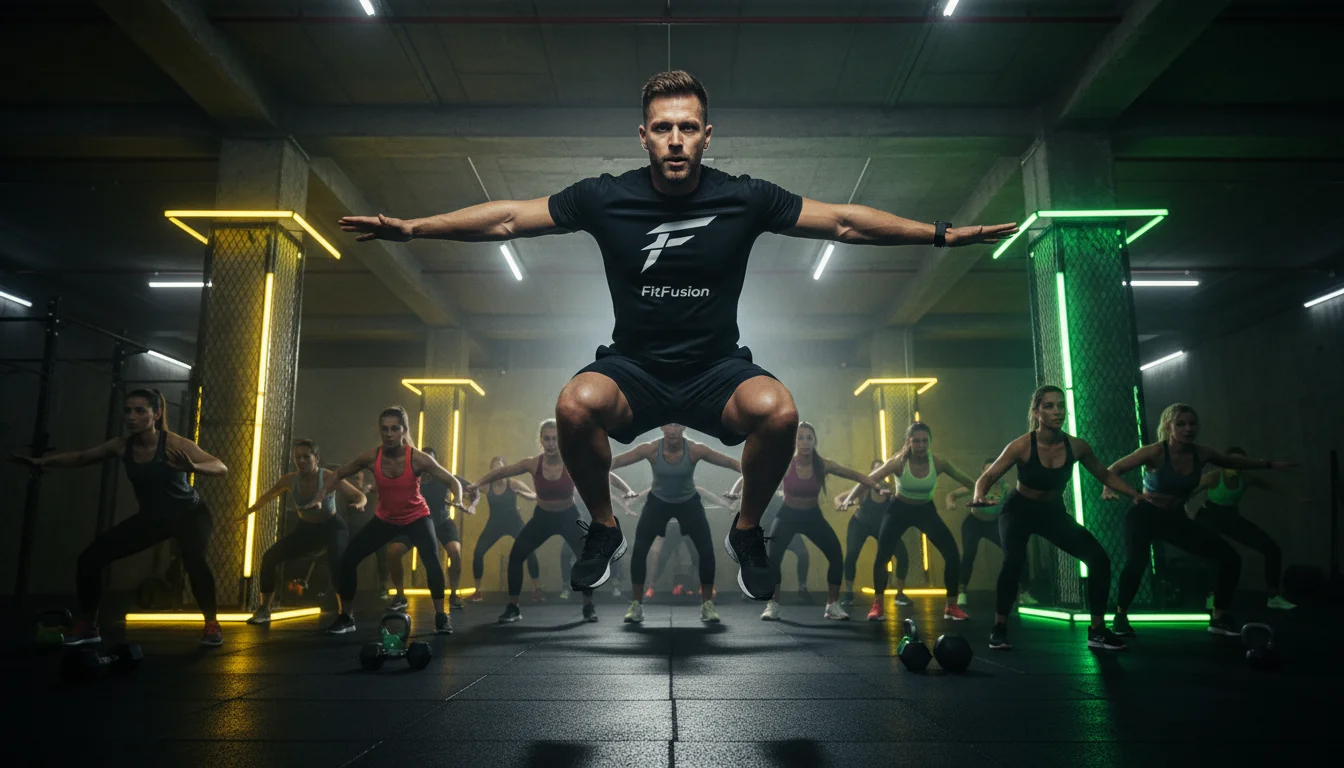 A charismatic FitFusion trainer in mid-jump during a HIIT class, with a full class of people working out behind him in a modern gym with neon lights.