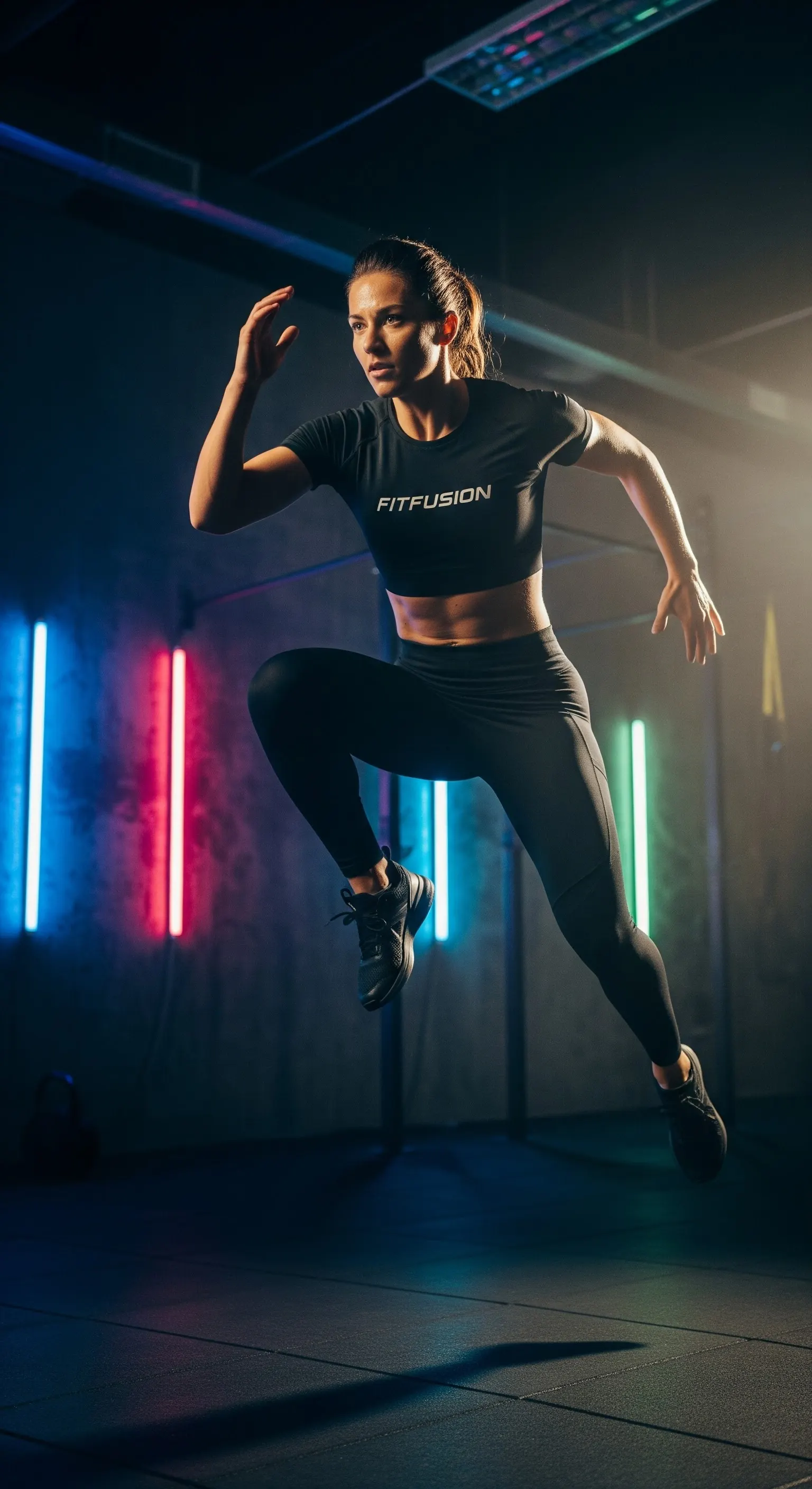 A high-energy photograph of a female fitness trainer mid-jump, representing the viral Instagram Reel for the FitFusion campaign.