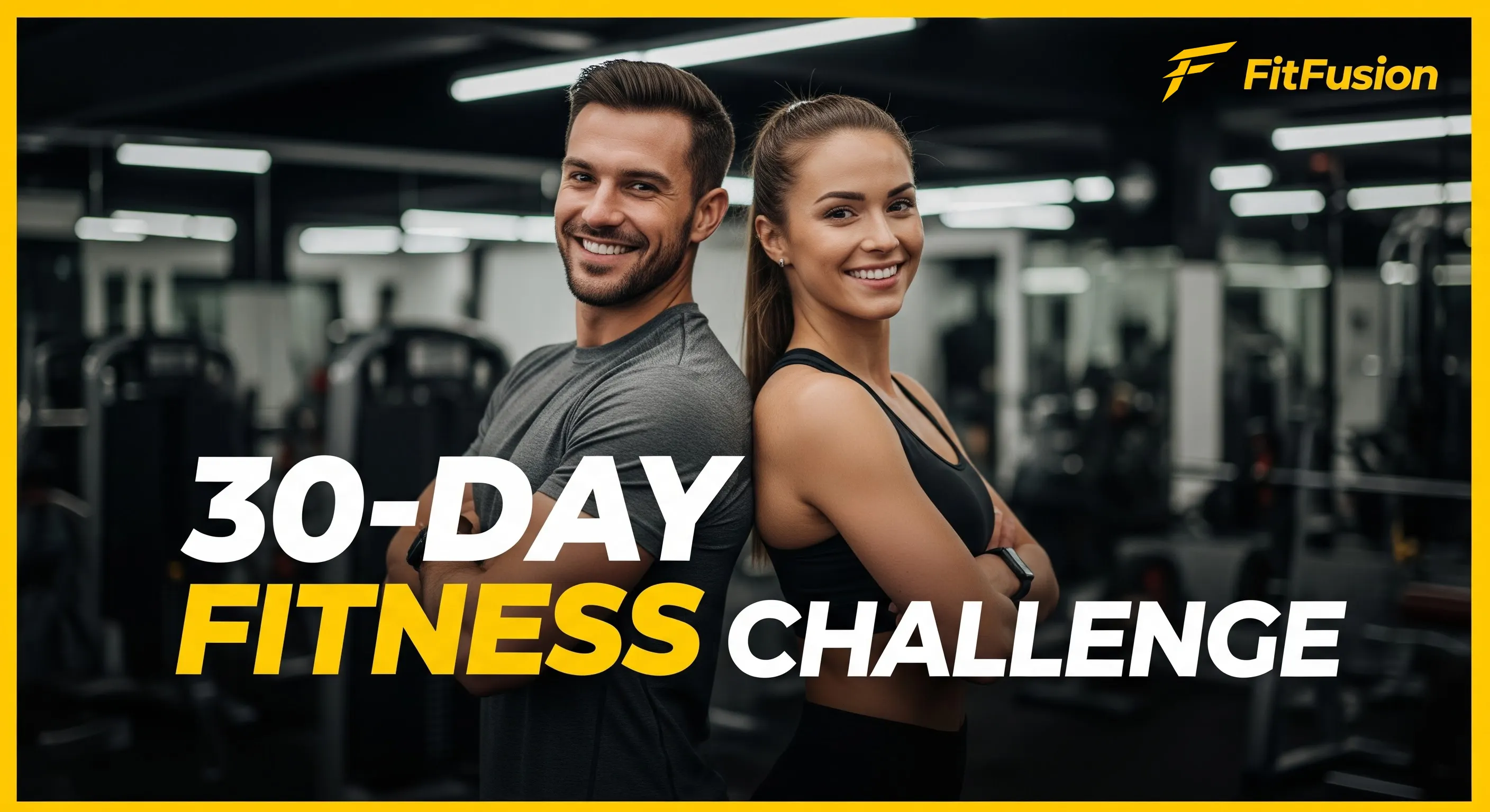 A dynamic YouTube thumbnail for the FitFusion '30-Day Fitness Challenge' featuring a male and female trainer.