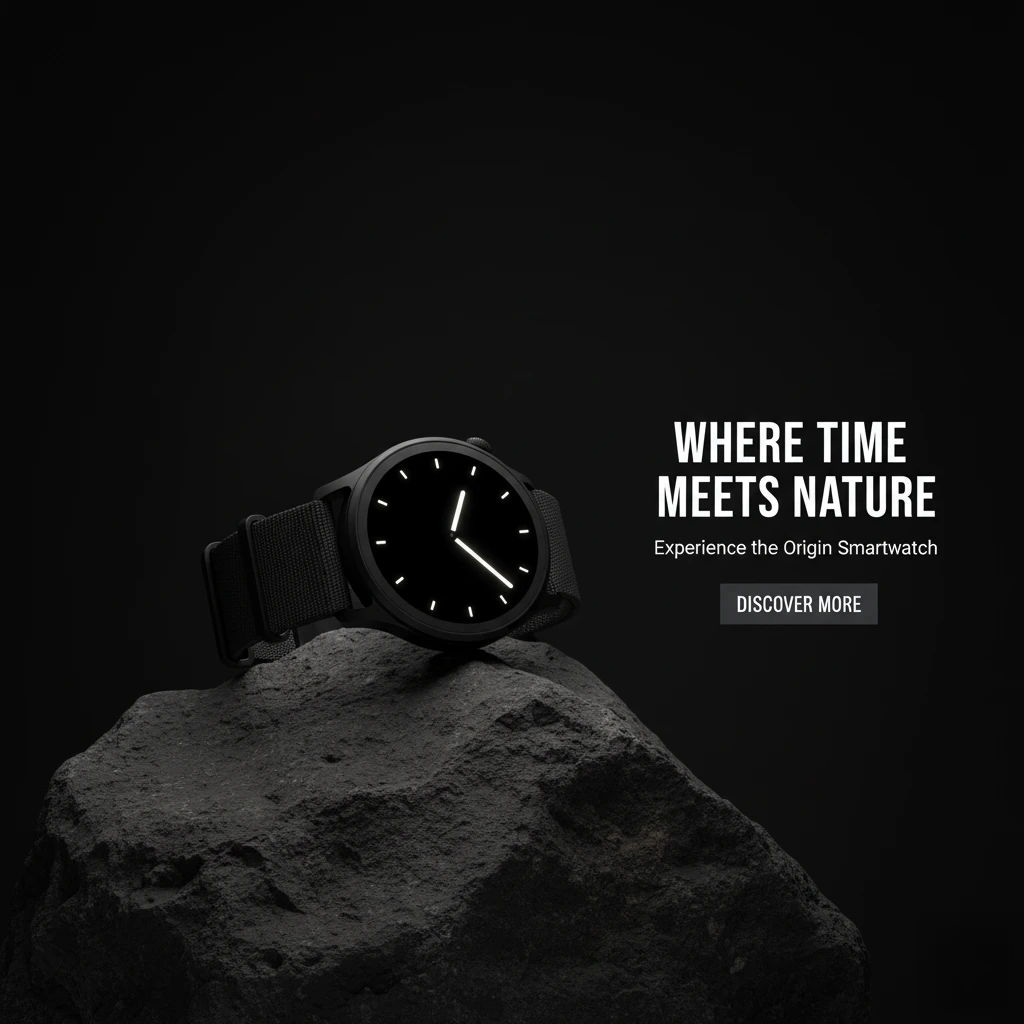 Website banner for Horizon Smartwatch, featuring the watch on a dark rock with text 'WHERE TIME MEETS NATURE', connecting technology with natural elements.