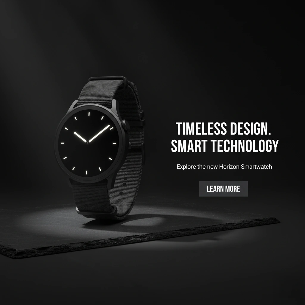 Horizon Smartwatch elegantly displayed on a dark geometric pedestal in a minimalist studio setting, highlighting its design.