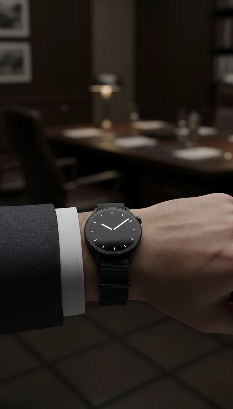 Close-up of the Horizon Smartwatch on a man's wrist, complementing a dark suit and white shirt, in a sophisticated office environment. Highlights elegant wearability.