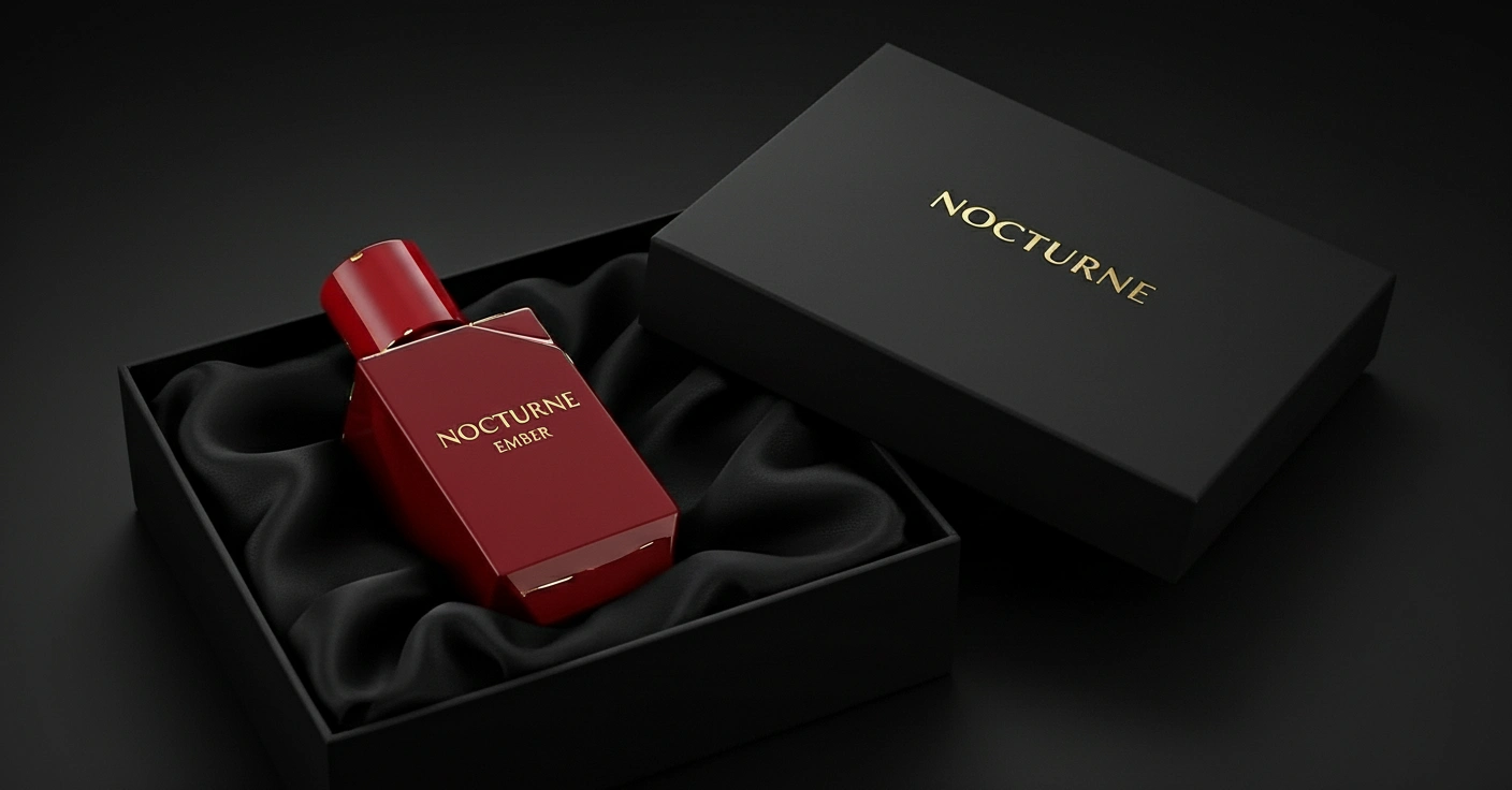A product shot showing the red 'Nocturne: Ember' perfume bottle displayed next to its elegant, closed black gift box with the brand name in gold.