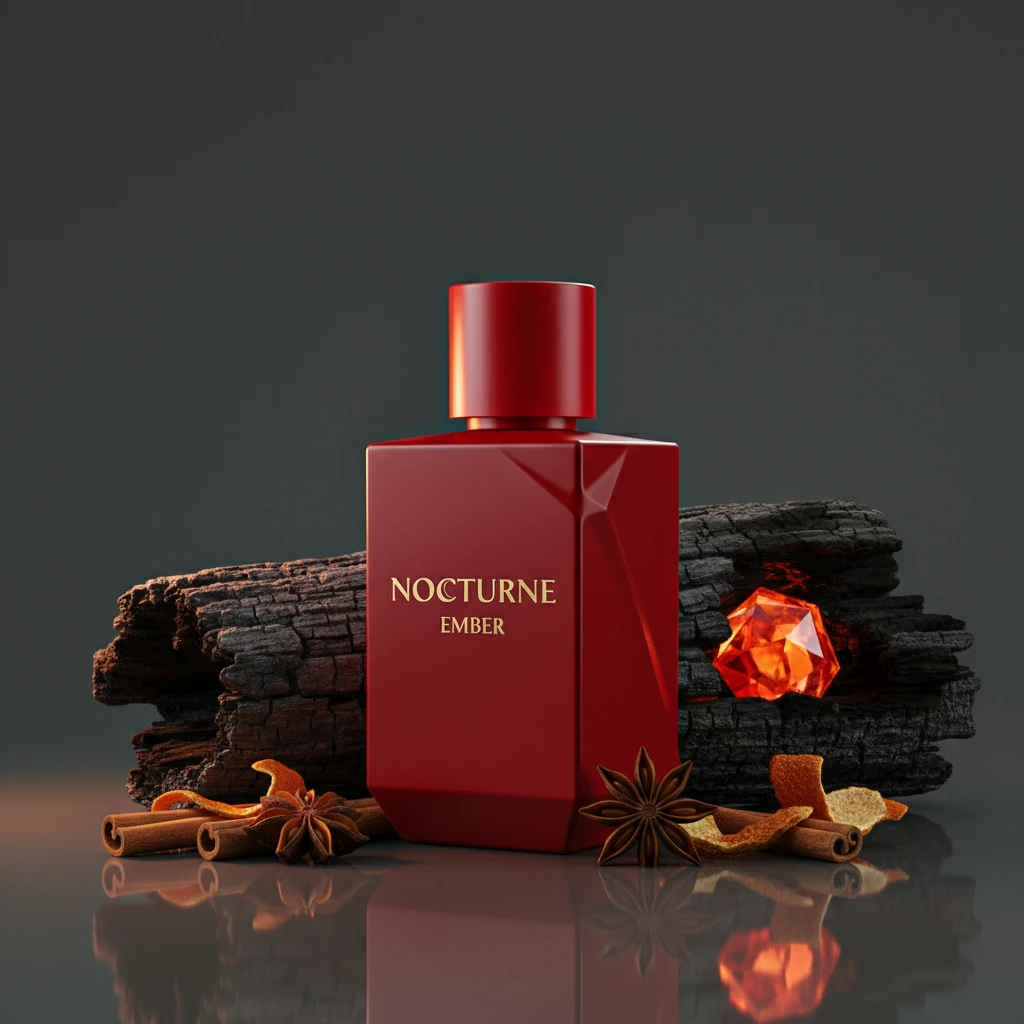 An intense still life representing the warm, spicy scent of 'Nocturne: Ember', with the red perfume bottle next to charred wood and star anise.