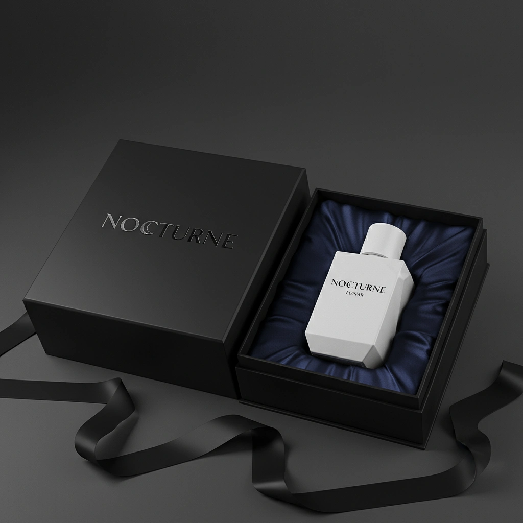 A luxury unboxing experience for 'Nocturne: Lunar', showing the white perfume bottle nestled inside a premium black gift box with a ribbon.
