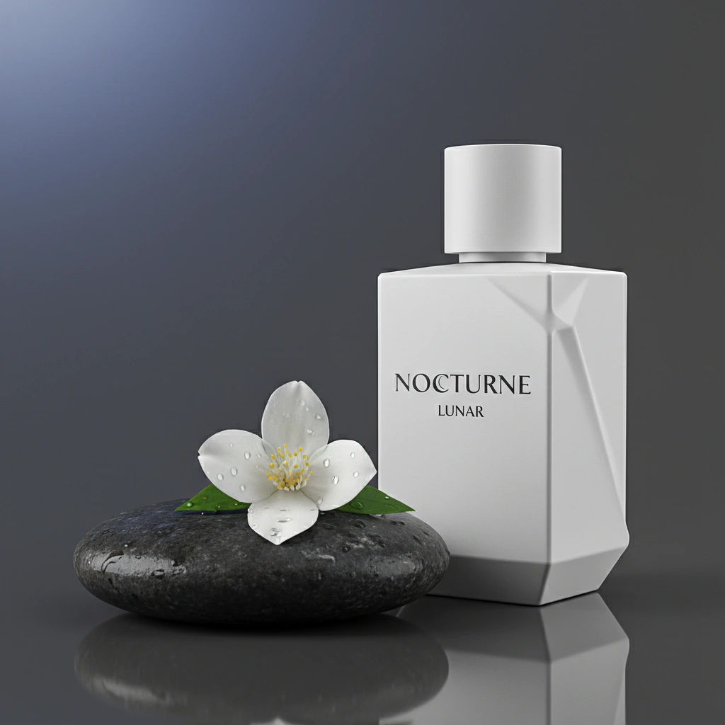 An ethereal still life representing the scent of 'Nocturne: Lunar', featuring the white perfume bottle next to a white jasmine flower and a wet stone under cool lighting.
