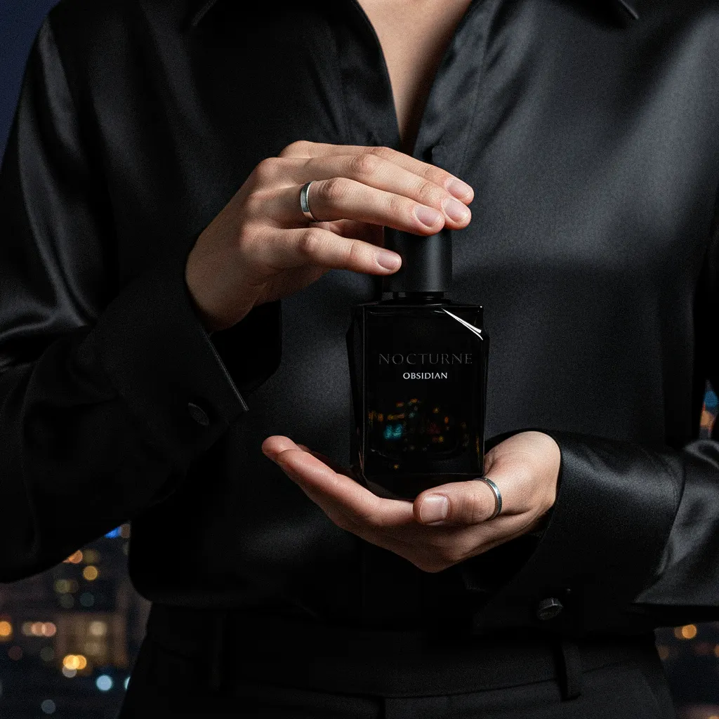A close-up of a person in a black silk shirt holding the black 'Nocturne: Obsidian' perfume bottle, showcasing its elegant design in a lifestyle context.