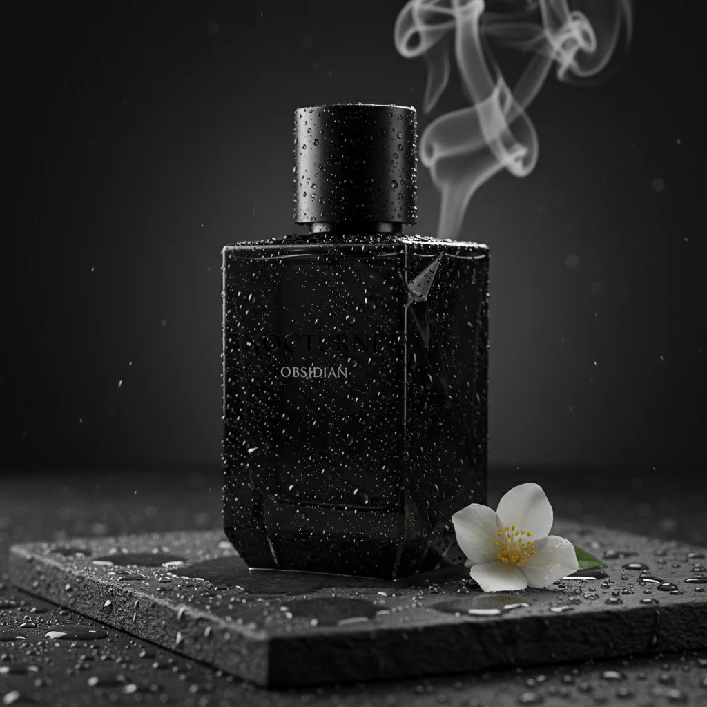 A minimalist black perfume bottle on a dark stone surface, representing a brand identity refresh for a luxury fragrance brand.