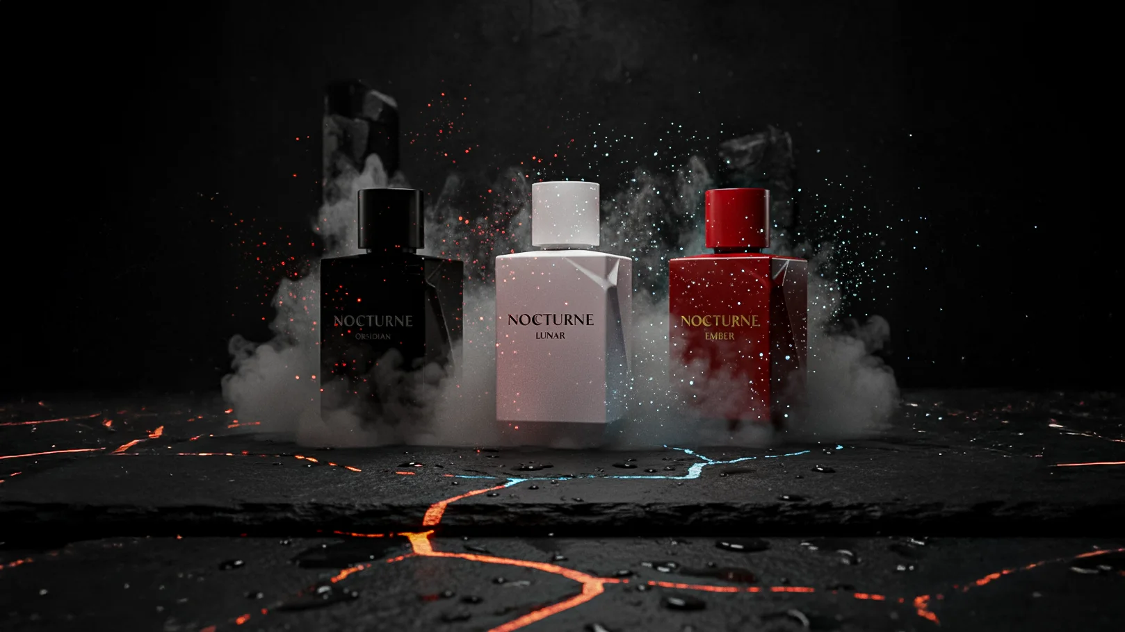 Hero image for the Nocturne case study, showing a cinematic product shot of the luxury perfume bottle in a dark, moody setting.