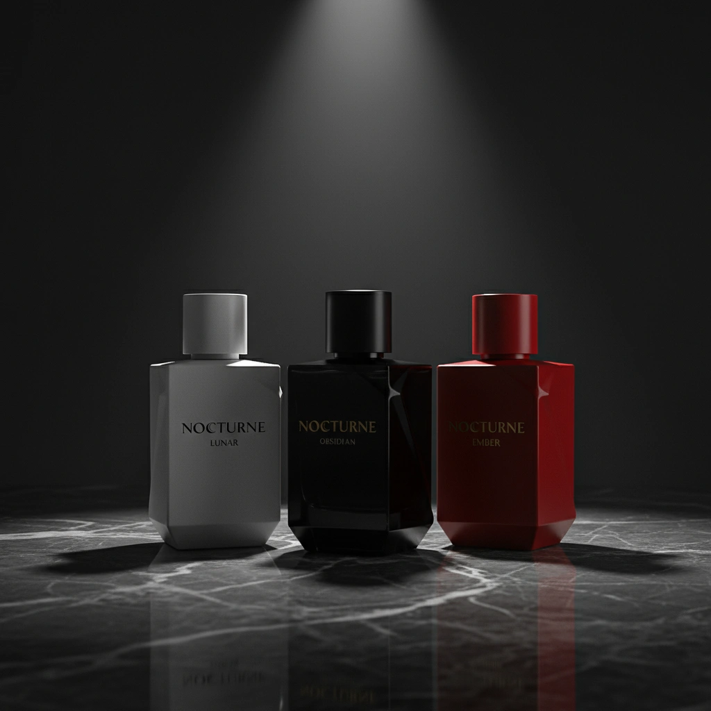 A product lineup shot of the three Nocturne perfumes—Obsidian (black), Lunar (white), and Ember (red)—arranged together in a luxurious studio setting.