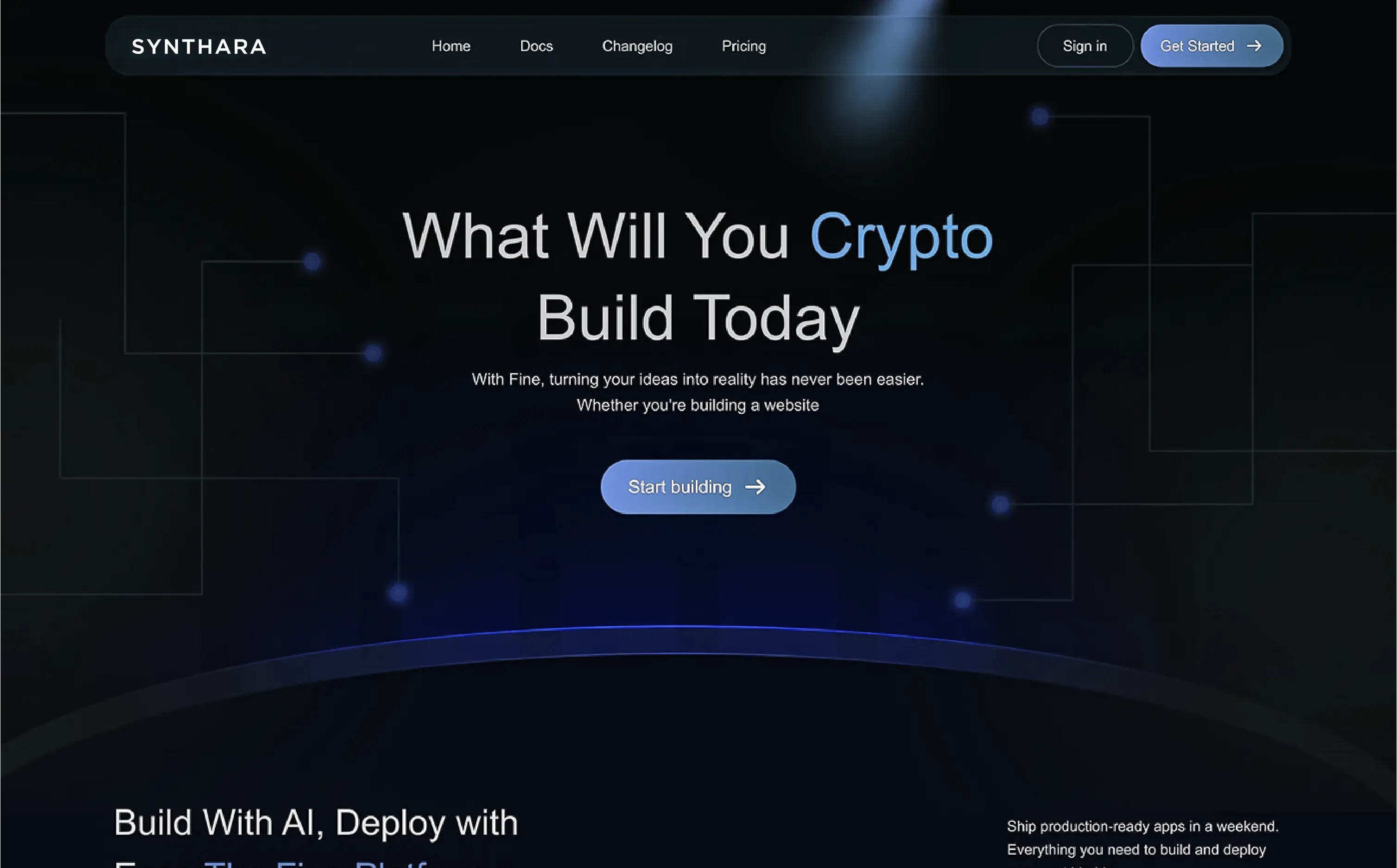 The hero section of the redesigned Synthara landing page, with a clear headline and call-to-action.