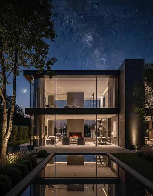 A modern glass house at dusk, showcasing the immersive real estate microsite designed for the Apex Modern brand.