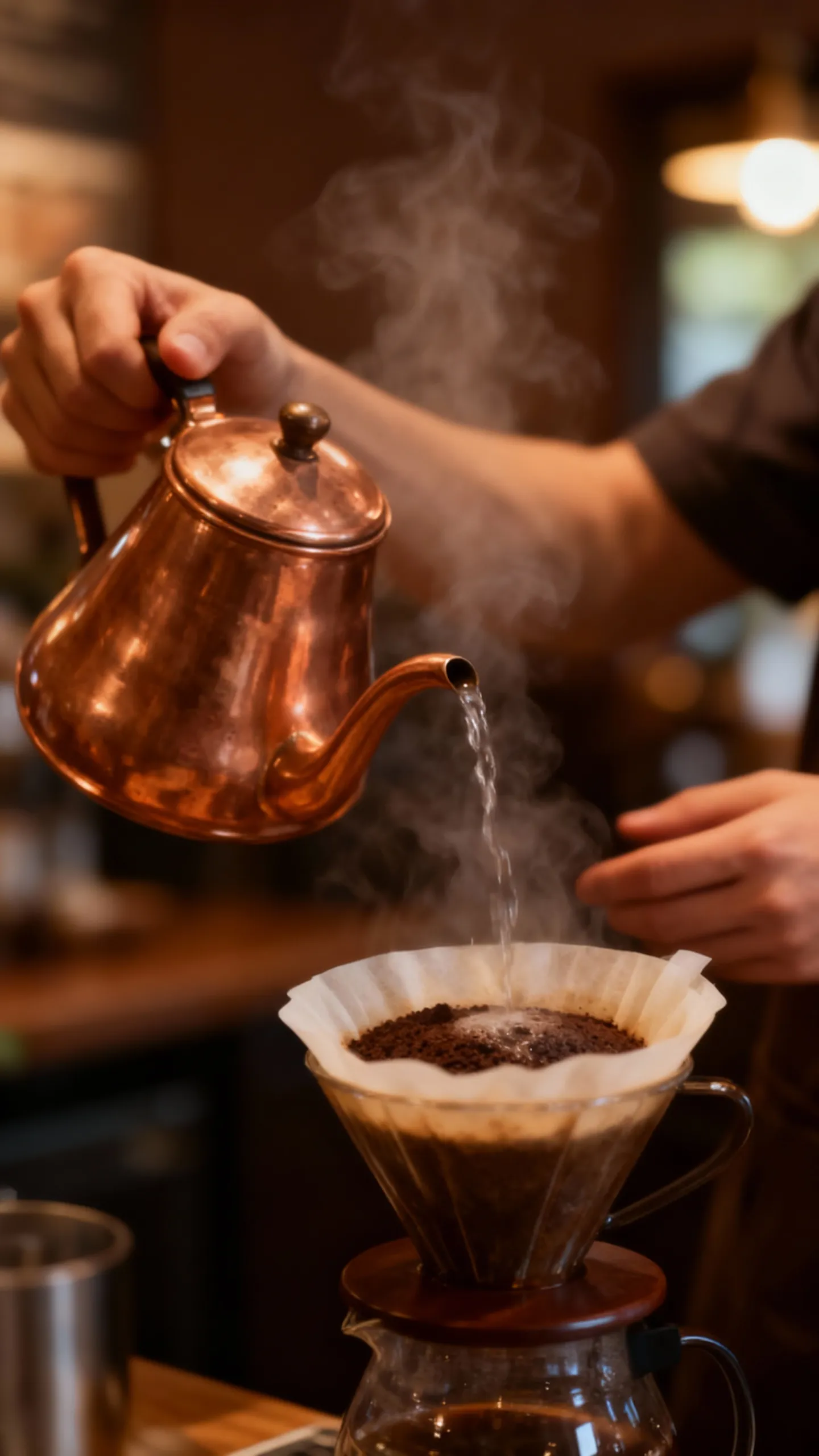 A close-up of a barista preparing pour-over coffee, showcasing the premium brand identity created for the Bean Roasters coffee company.