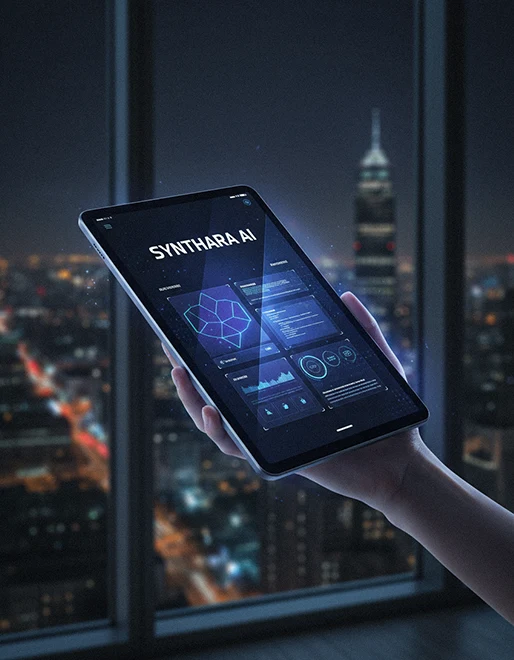 A hand holding a tablet with the new Synthara AI interface, part of a UI/UX redesign that increased demo sign-ups by 70%.